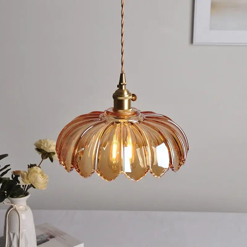 DecorBites™ amber glass led pendant lamp with fluted petal design and brass hardware for modern nordic decor