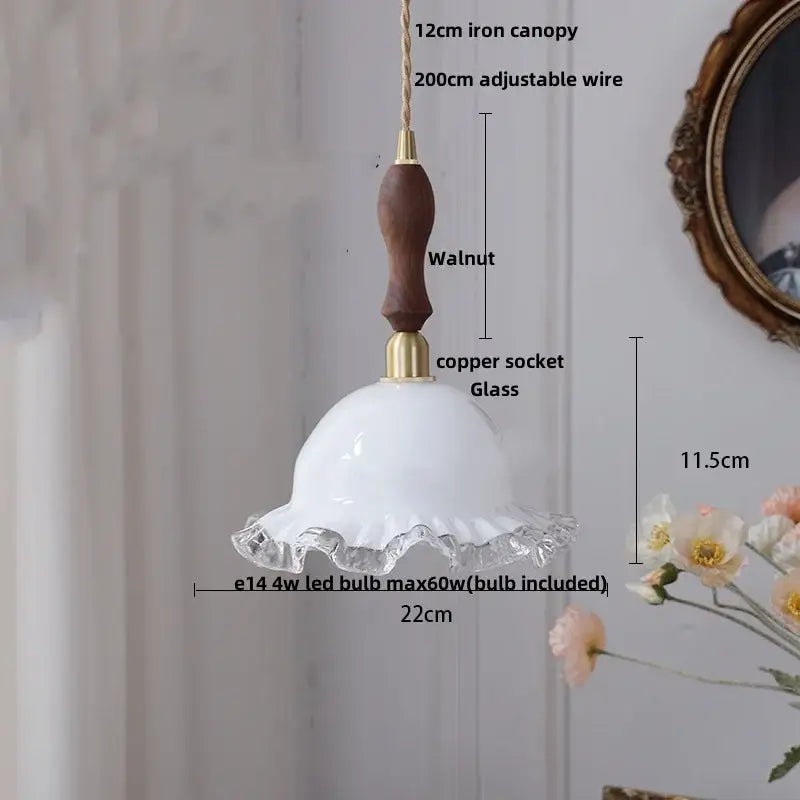 DecorBites pendant lamp with white fluted glass led shade and dark walnut wood handle for elegant lighting