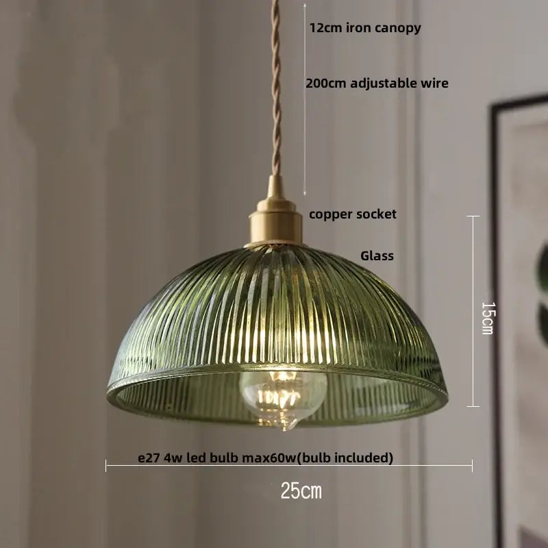 DecorBites amber glass led pendant lamp with green ribbed glass, brass copper socket, and adjustable wire hanging light