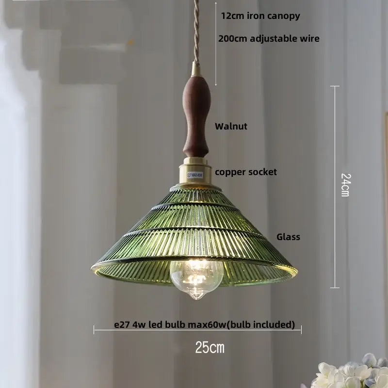 Decorbites amber glass led pendant lamp with green ribbed glass, walnut iron canopy, and copper socket hanging light