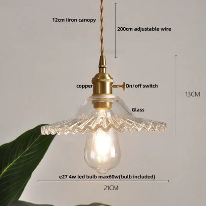 Decorbites amber glass led pendant lamp with brass iron canopy copper switch and scalloped clear glass shade