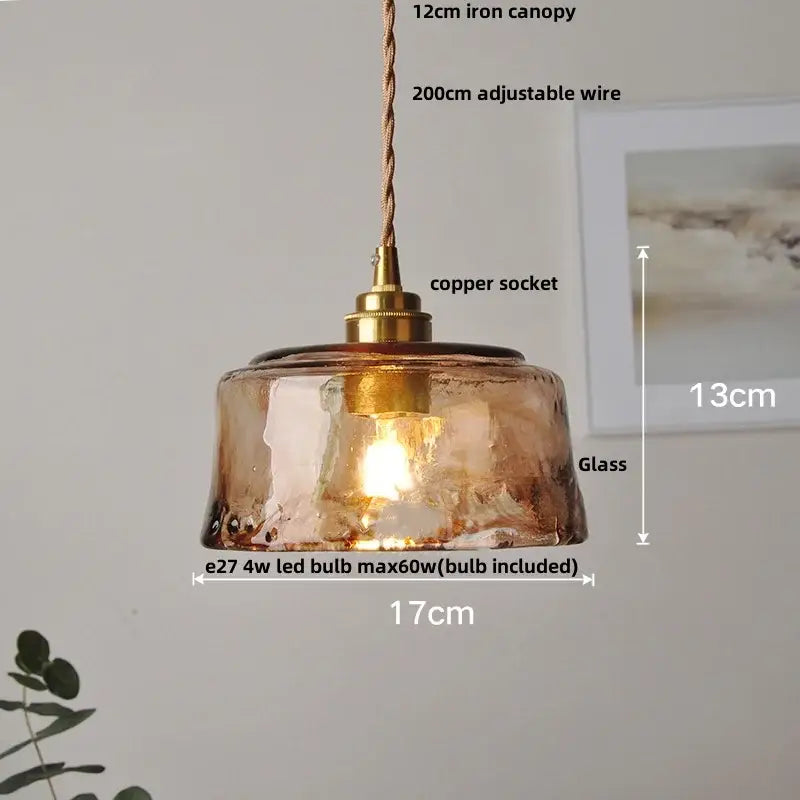 DecorBites amber glass led pendant lamp with warm amber textured glass and adjustable braided wire for kitchen and dining room