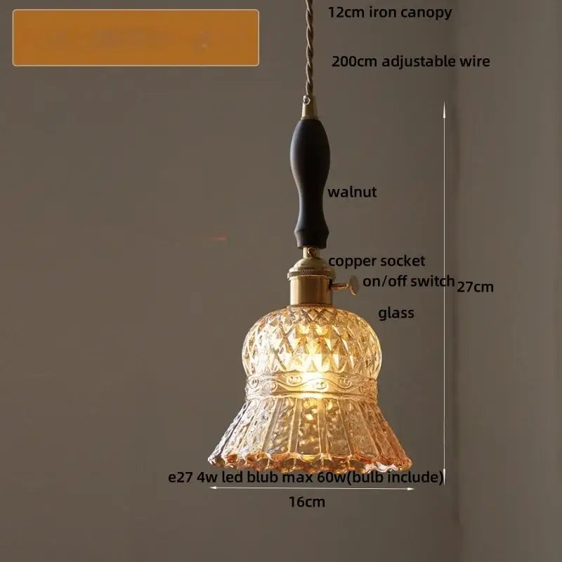 DecorBites amber glass led pendant light fixture with faceted amber glass and brass accents for modern home lighting