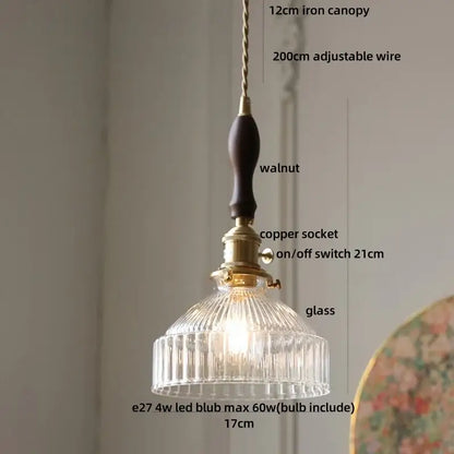 Vintage-style pendant light with amber glass led clear ribbed shade brass copper socket and walnut wooden handle