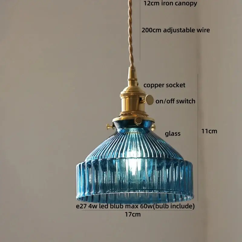 Decorbites™ amber glass led pendant light with blue ribbed glass, brass copper socket, and adjustable wire suspension