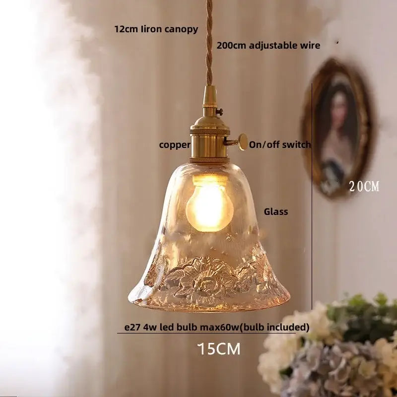 Decorbites amber glass led pendant light featuring a warm-toned hand-blown glass bell shade with floral etching and copper canopy