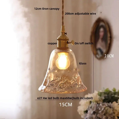 Decorbites amber glass led pendant light featuring a warm-toned hand-blown glass bell shade with floral etching and copper canopy