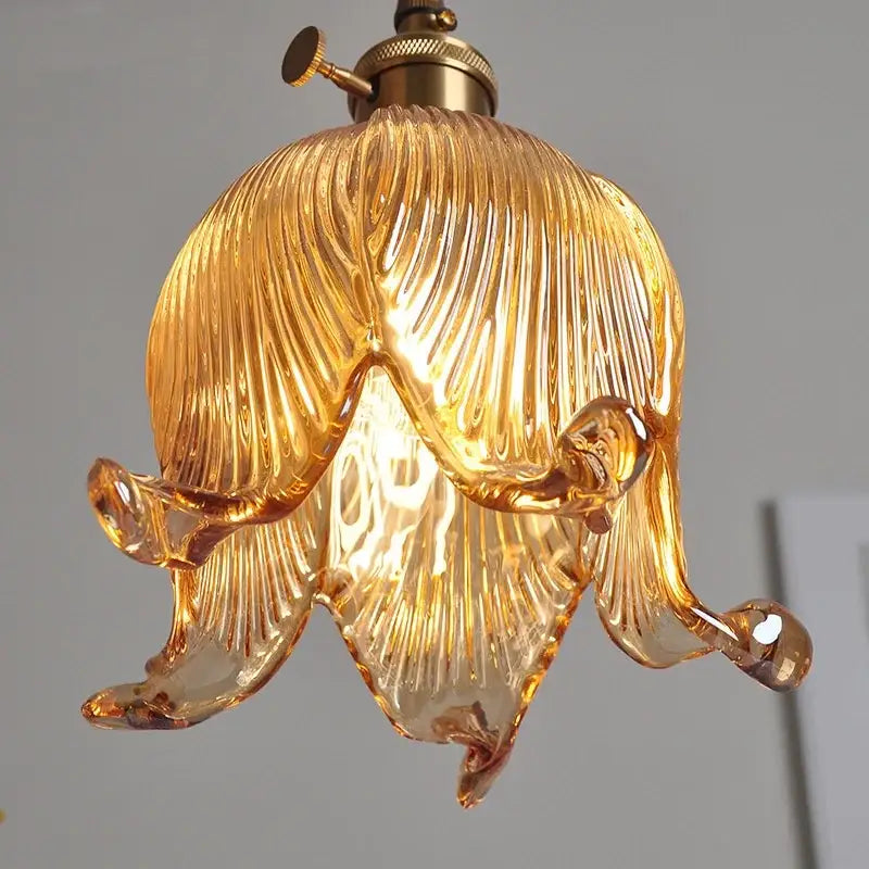 Decorbites™ amber glass led pendant light with ribbed flower design and brass hardware modern copper fixture