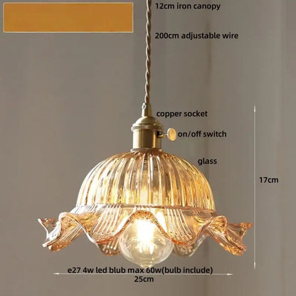 Decorbites amber glass led pendant light with warm amber ribbed glass and brass-toned metal hardware in modern nordic style