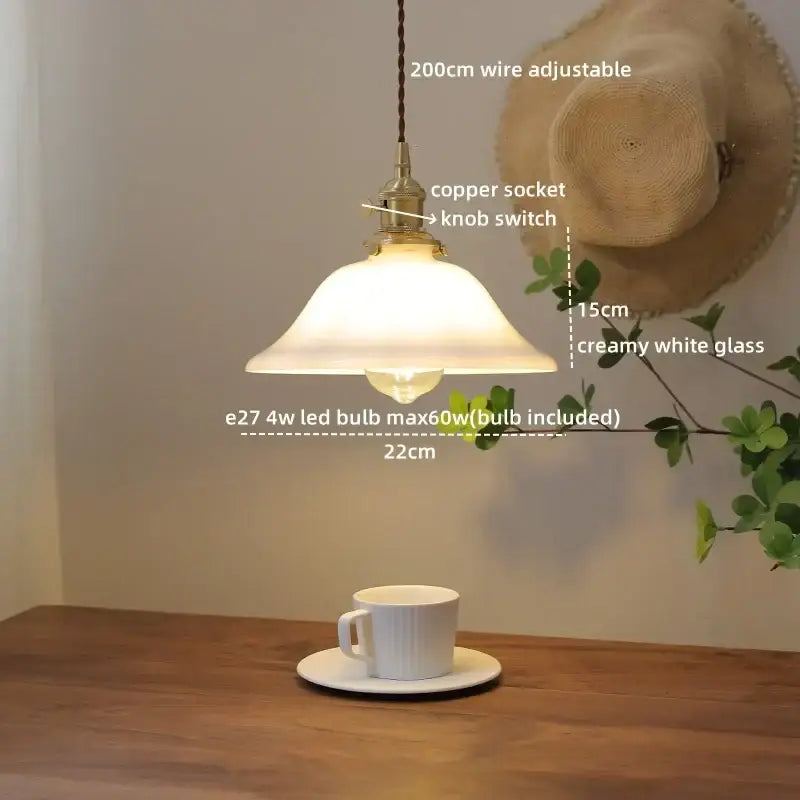 Creamy white glass led pendant light with copper socket and 200cm adjustable wire by DecorBites™