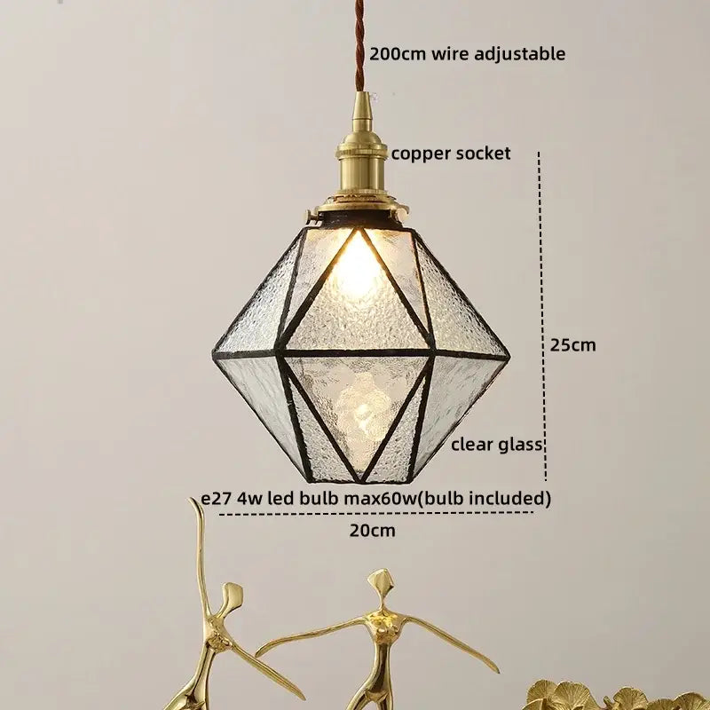 DecorBites amber glass led pendant light with faceted clear glass shade and brass accents for nordic modern decor