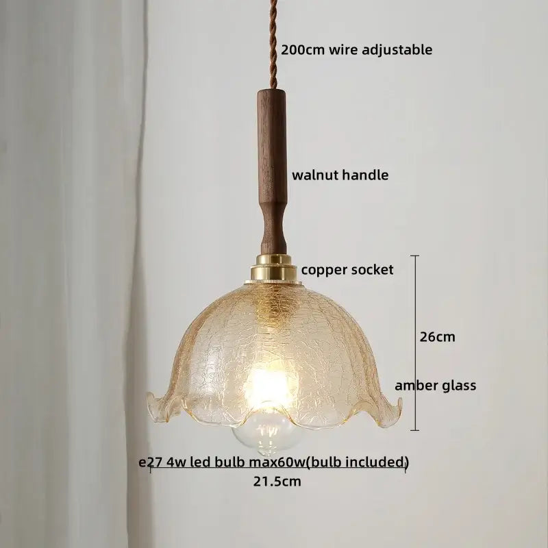 DecorBites amber glass LED pendant light with warm amber textured shade and dark walnut handle for dining room