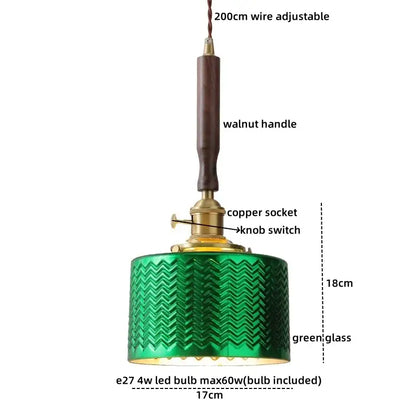Decorbites amber glass led pendant light with green glass shade walnut handle and copper socket for dining living room