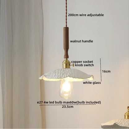 Decorbites amber glass led pendant light with delicate white textured petal shade and warm brass copper socket for dining room