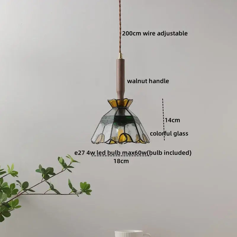 Decorbites amber glass led pendant light with walnut handle colorful floral stained glass shade and 200cm adjustable wire suspension