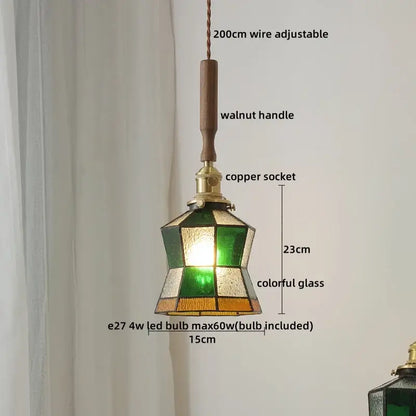 Vintage-style DecorBites amber glass pendant light with walnut handle copper socket and green amber stained glass panels