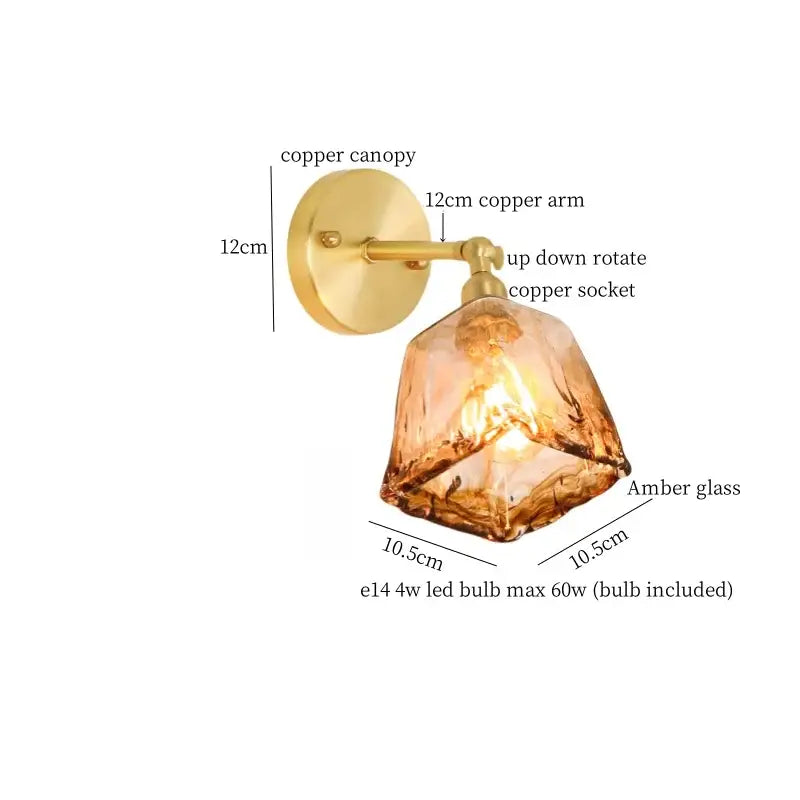 DecorBites™ amber glass led wall lamp with polished copper arm and up-down rotating socket for adjustable lighting