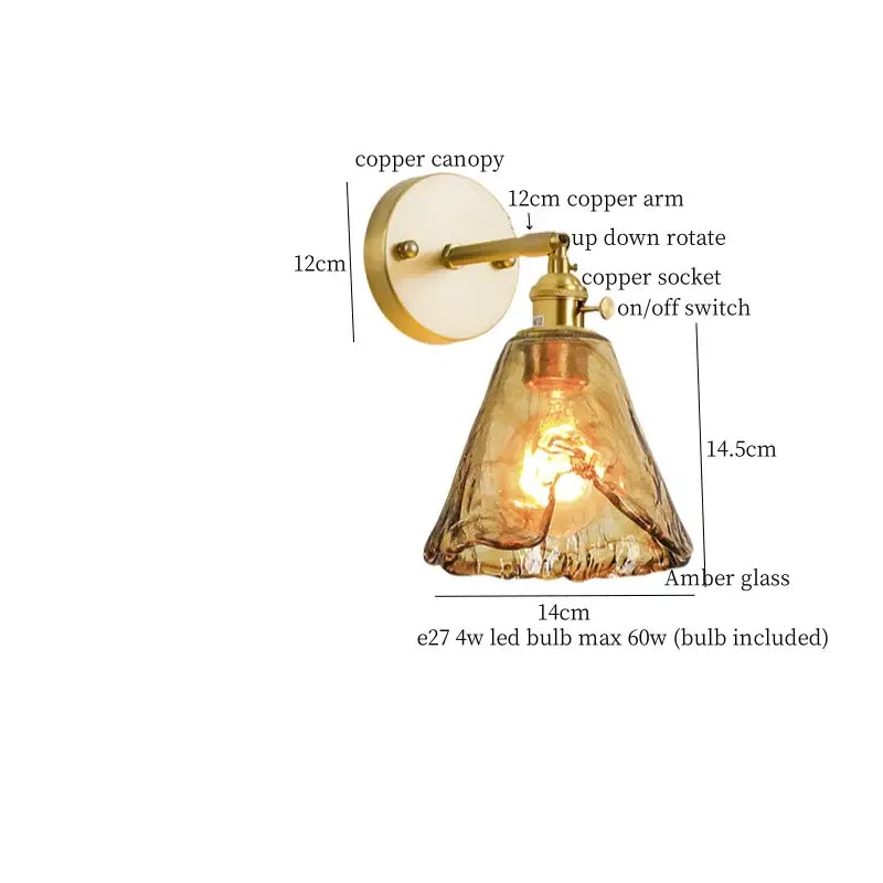 Decorbites amber glass led wall lamp with copper canopy and adjustable socket for bedroom minimalistic lighting