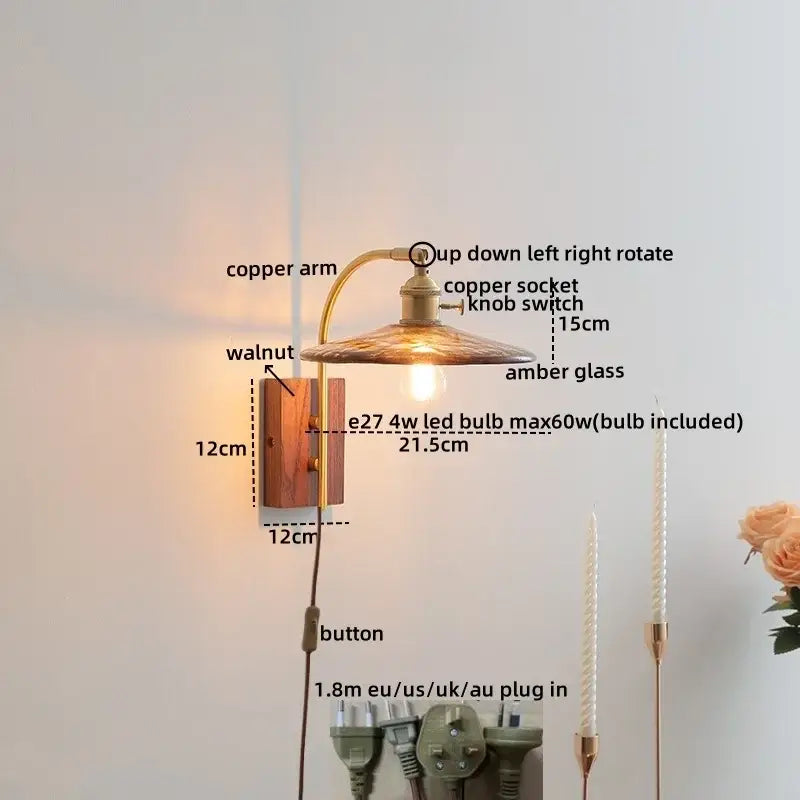 Copper wall lamp with decorbites amber glass led shade and walnut wood backplate for modern nordic decor