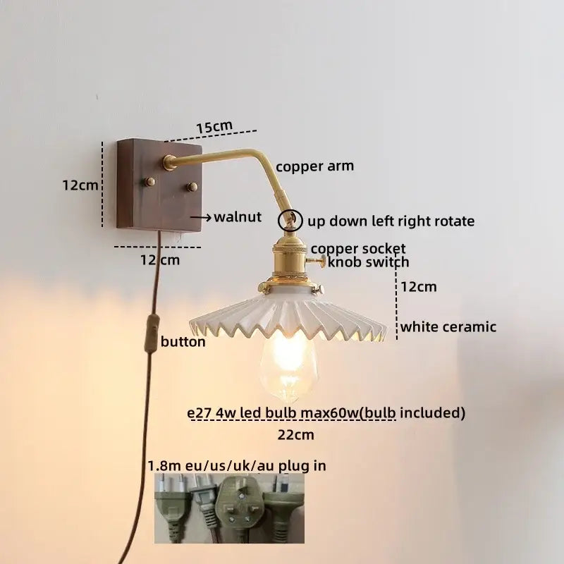 Vintage-style wall lamp with brass copper arm walnut mounting plate and white ceramic shade for modern decorbites amber glass led