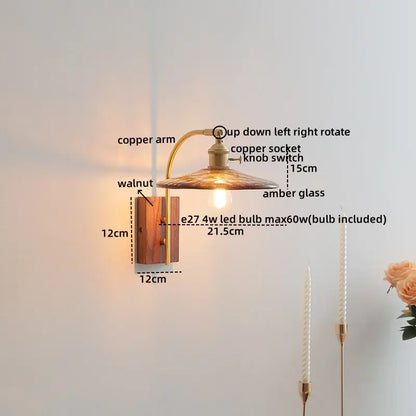 Decorbites amber glass led wall lamp with warm amber glass, copper arm, and walnut wood base for modern nordic decor