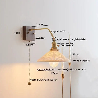 Vintage-style wall lamp with brass copper arm, walnut mount, and white ceramic shade for decorbites amber glass led