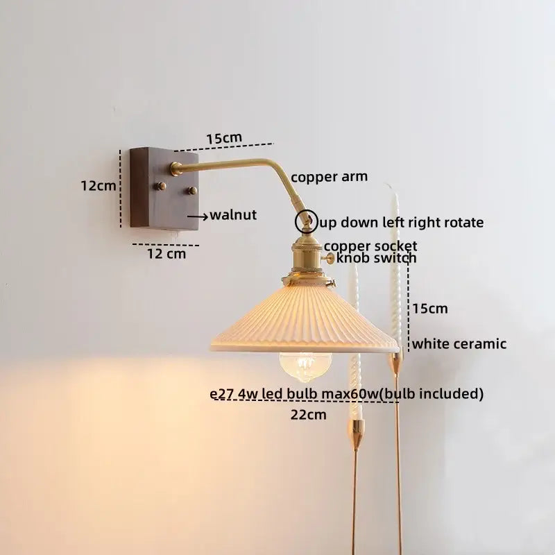 Decorbites amber glass led wall lamp with brass copper arm, walnut mounting plate, and white ceramic shade for modern decor