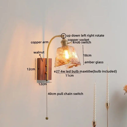 DecorBites amber glass led wall lamp with warm amber glass, curved copper arm, and walnut wood base for modern decor