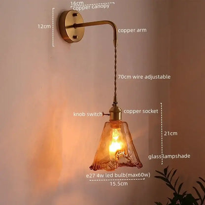 Copper wall lamps with twisted wire arm brass canopy and decorbites amber glass led amber-tinted lampshade for living room and bathroom lighting