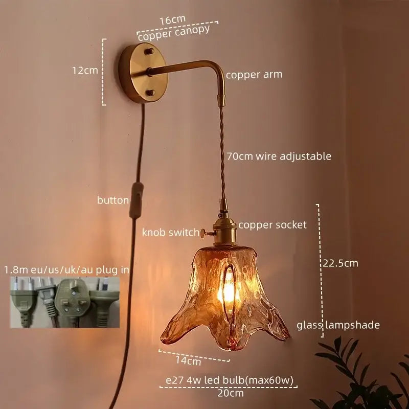 Antique brass-finished copper wall lamps with decorbites amber glass led amber glass lampshade for living room lighting