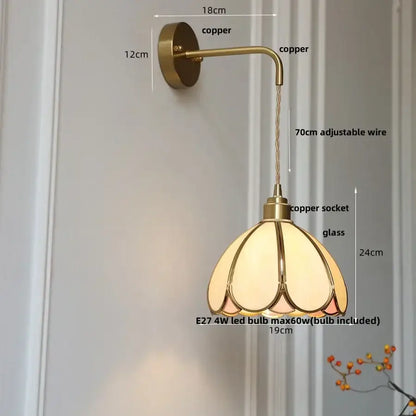 Vintage-style copper led wall light with amber petal-shaped glass shade by decorbites for bedroom and staircase use