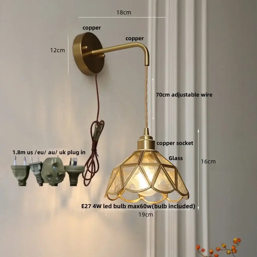 DecorBites amber glass led wall light with vintage brass sconce and adjustable copper wire for bedroom and staircase use