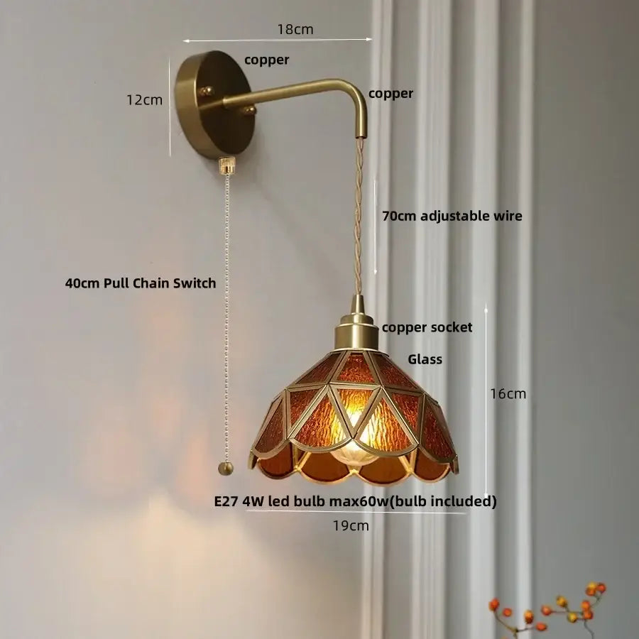 Decorbites amber glass led wall light with antique brass finish and amber stained glass shade for bedroom and staircase
