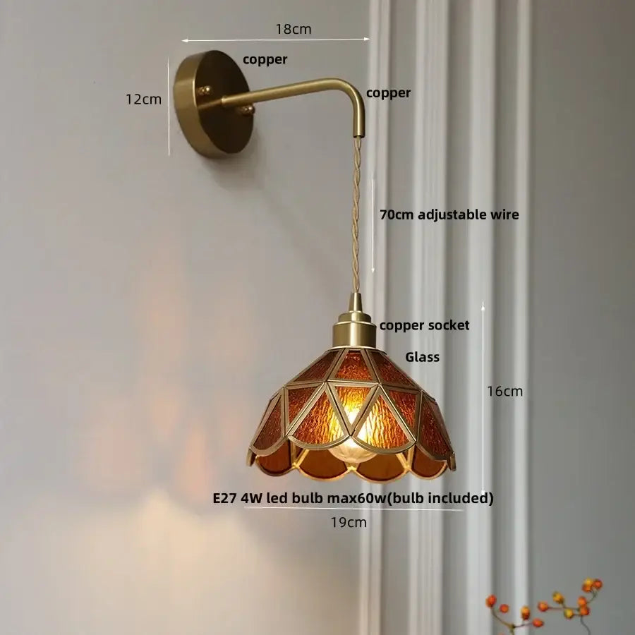 Decorbites amber glass led wall light with warm amber glass and copper frame in an elegant petal shape for bedroom and staircase