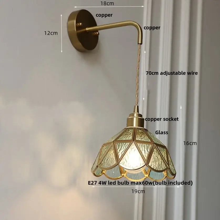DecorBites amber glass led wall light with antique brass-finished copper and textured geometric shade for bedroom use