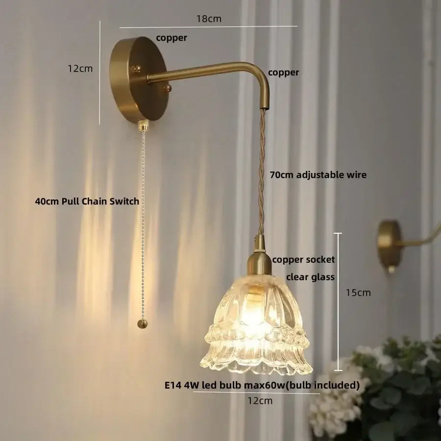 Antique brass copper wall light with decorbites amber glass led fluted shade and adjustable 70cm wire pull chain switch