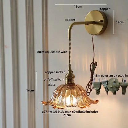 Decorbites amber glass led wall sconce featuring warm amber glass with fluted design and copper-finished hardware