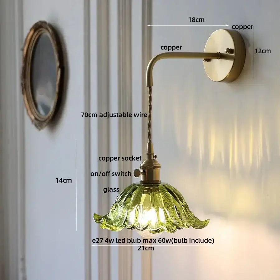 Vintage-style copper wall sconce with green glass flower shade in DecorBites amber glass led modern Nordic style