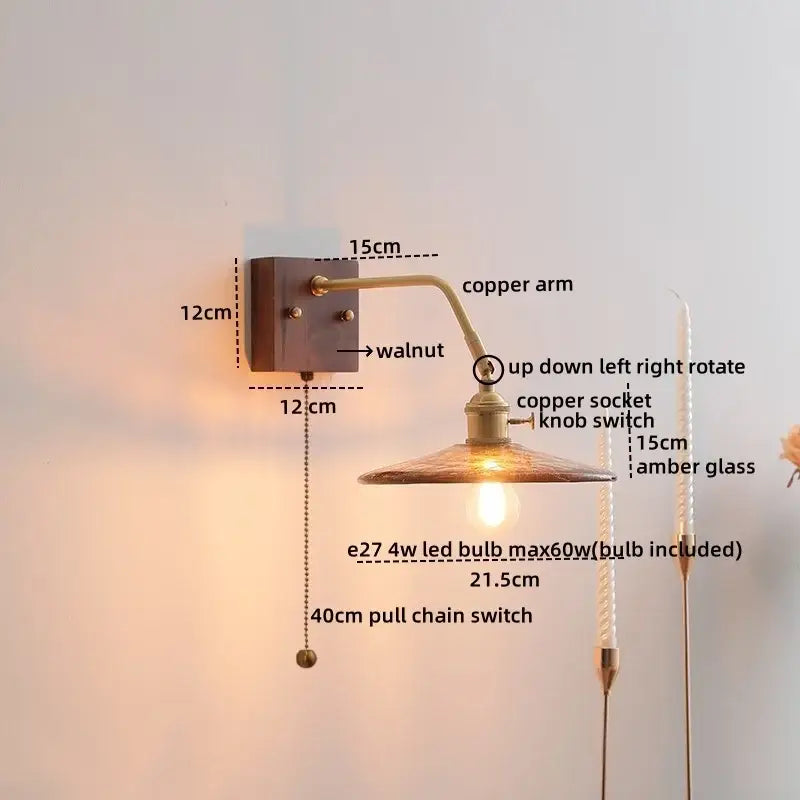 Decorbites amber glass led wall sconce with copper arm, walnut base, amber glass shade, and e27 led bulb pull chain switch