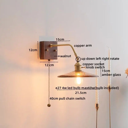 Decorbites amber glass led wall sconce with copper arm, walnut base, amber glass shade, and e27 led bulb pull chain switch