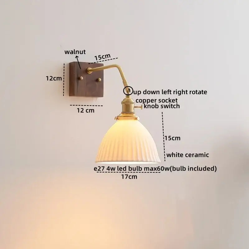 Vintage-style wall sconce with brass copper socket and knob switch on walnut base with white ceramic shade by DecorBites amber glass