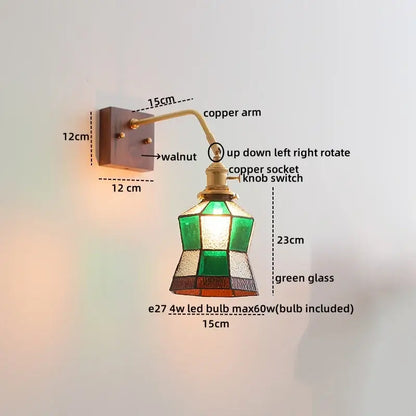 Vintage-style DecorBites amber glass LED wall sconce with copper arm, walnut plate, and green amber stained glass shade