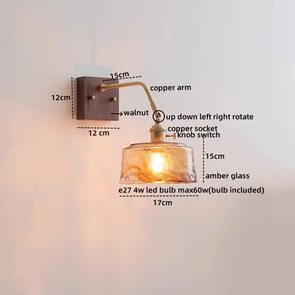 DecorBites amber glass led wall sconce with warm amber glass, copper arm, and walnut mounting plate pull chain switch