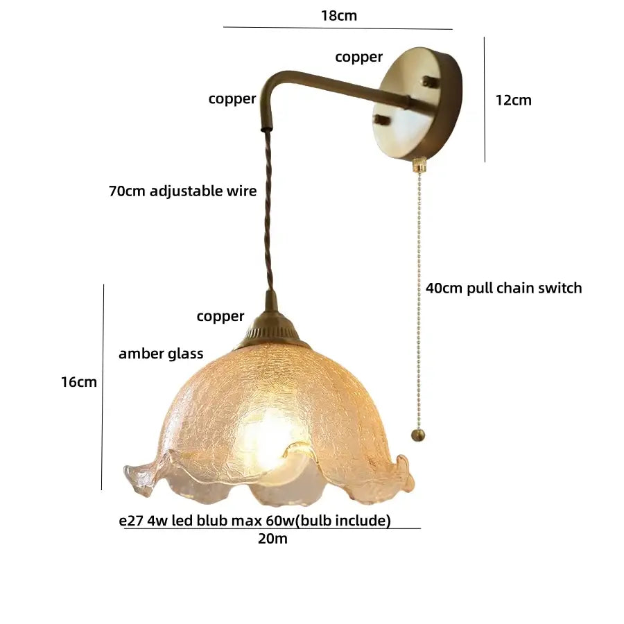 Antique brass-finished copper decorbites amber glass led wall sconce with textured amber glass shade and pull chain switch