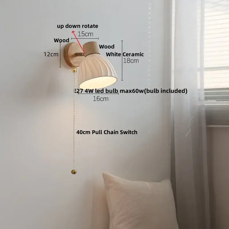 A warm-toned decorbites amber glass led wall sconce with wooden bracket and adjustable pull chain switch