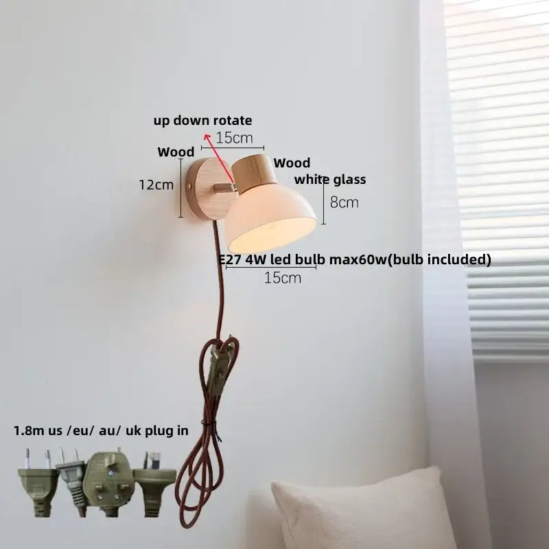 Minimalist wall sconce decorbites amber glass led with natural wood base white glass shade and adjustable rotation