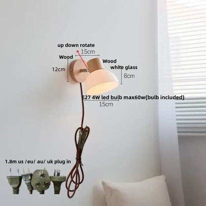 Minimalist wall sconce decorbites amber glass led with natural wood base white glass shade and adjustable rotation