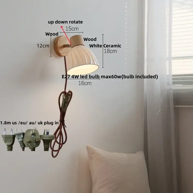 Minimalist wall sconce with wooden base and white ceramic shade, featuring adjustable design for versatile DecorBites amber glass led lighting
