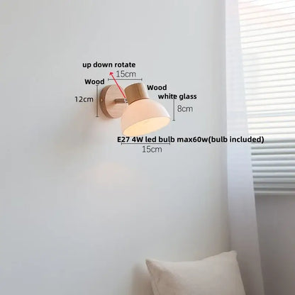 Minimalist decorbites amber glass led wall sconce with natural wood base white glass shade and adjustable rotation mechanism