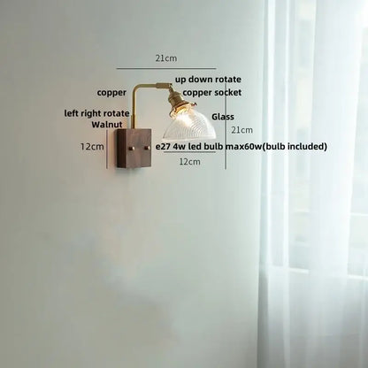 DecorBites amber glass LED wall sconce with walnut wood and pull chain switch for living room lighting